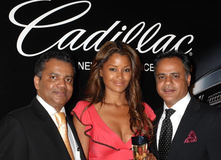 Beauty Contact and the developer of Cadillac Fragrance, Alwyn Stephen, Claudia Jordan, and N. Amer. Marketing rep Sanjay Bawa