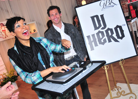 R and B artist Monica tests her skills as a DJ; with Gavin Keilly cheering her on.