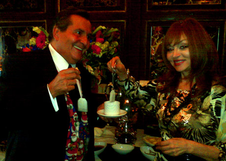 Comedy Queen Judy Tenuta gets the royal treatment from Magic Castle lifemember and retired doctor Christopher Rogers, aka The Tea Butler.