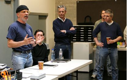 Playwright David Mamet, Center Theatre Group Artistic Director Michael Ritchie and director Neil Pepe at the first rehearsal for “Two Unrelated Plays”  by David Mamet, “The Duck Variations” and “Keep Your Pantheon”.