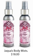 Jaqua's Pink Champagne and Pink Buttercream Frosting Body Mists. Available at www.jaquabeauty.com, BBW Flagships and ULTA.
