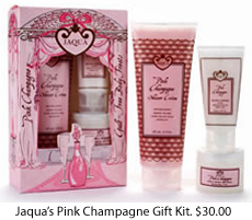 Jaqua's Pink Champagne Gift Kit includes Pink Champagne Body Butter, Shower Creme and Hand Creme. Available at www.jaquabeauty.com and BBW Flagships.