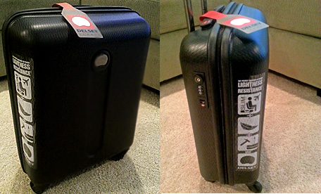 Delsey Luggage; this was gifted, so lightweight, durable and easy to pull around! 