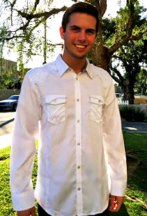 LA's The Place writer Tyler Emery rocks his Roar embroidered  shirt.