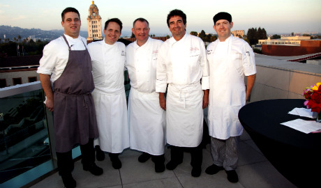 Chefs L to R: Brandon Weaver, Chef de Cuisine of The Roof Garden, The Peninsula Beverly Hills, Gabriel Ask, Executive Chef Montage Beverly Hills, Chris O’Connell, Executive Banquet Chef and Thomas Henzi, Executive Pastry Chef, The Beverly Hilton and Andrew Adams, Culinary, L’Ermitage Beverly Hills.