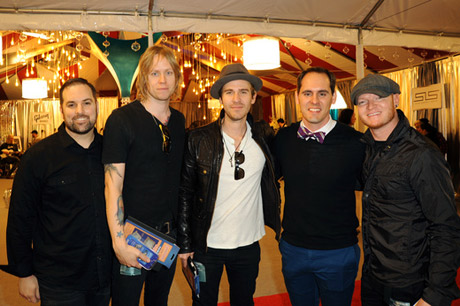  Musicians Bryce Soderberg (2nd from L), Jason Wade (C) and Rick Woolstenhulme Jr. (R) of Lifehouse attends the GRAMMY gift lounge during The 57th Annual GRAMMY Awards