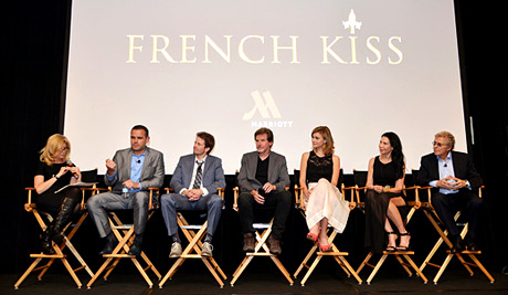 (L-R) Gail Becker, David Beebe, Vice President of Creative and Content Marketing at Marriott International, actor Tyler Ritter, writer/director John Gray, actress Margot Luciarte, Executive Producers Kim Moses and Ian Sander speak onstage during the The Marriott Content Studios "French Kiss" film premiere at the Marina del Rey Marriott 