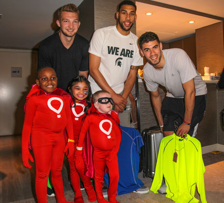 Basketball stars Domantis Sabonis, Denzel Valentine & Georges Niang with Miracle Kids Shemar, Angelica and Maverick. Photo by Igor Spektor