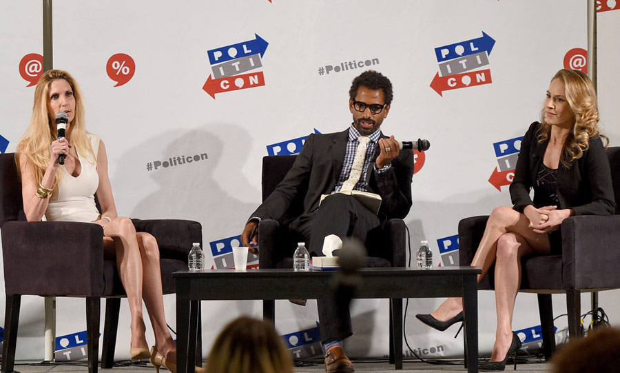(L-R) Ann Coulter, moderator Toure, and Ana Kasparian at 'Ann Coulter vs. Ana Kasparian' panel during Politicon at Pasadena Convention Center on July 29, 2017 in Pasadena, California. (Photo by Joshua Blanchard/Getty Images for Politicon) Keywords - Arts Culture and Entertainment, Celebrities, Politics, Fashion, Film Industry