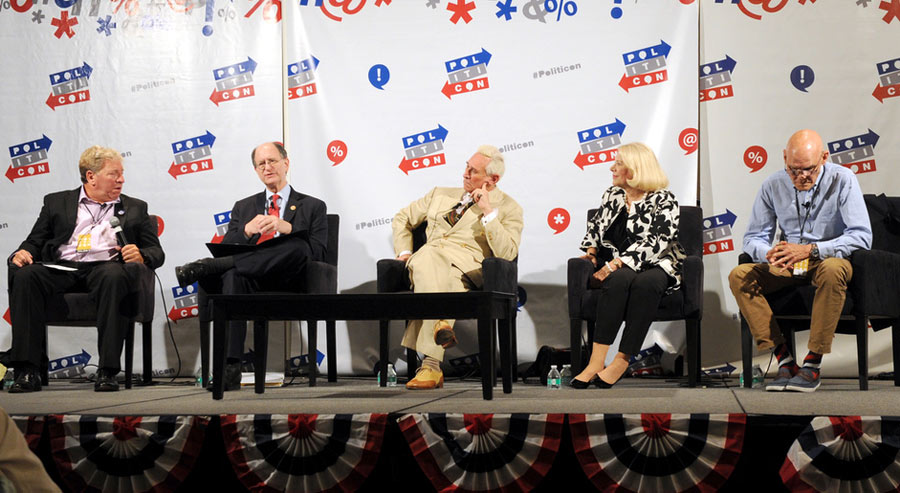  (L-R) Moderator Ken Rudin, Brad Sherman, Roger Stone, Jill Wine-Banks, and James Carville at 'Watergate: The Long View panel during Politicon at Pasadena Convention Center on July 29, 2017 in Pasadena, California. (Photo by Joshua Blanchard/Getty Images for Politicon)