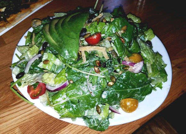 Cali Salad 100% local greens, grilled corn, avocado, wheat berry, tomatoes, cucumber, with cilantro vinaigrette