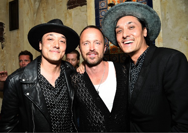 (L-R) Jonnie Houston, Aaron Paul and Mark Houston attend Level 8 Grand Opening Party At Moxy Downtown LA on September 13, 2023 in Los Angeles Photo by Jon Kopaloff Getty Images for Level 8