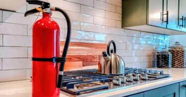 A red fire extinguisher is sitting on a kitchen counter next to a cooktop with a stainless steel kettle on the burner.