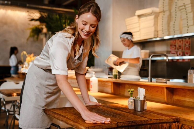 A young woman wearing a gray apron uses an orange cloth to wipe down a wooden table in a restaurant.