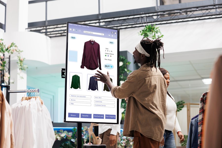 A person in a tan shirt is using a large touchscreen display that contains a shirt design in different colors.