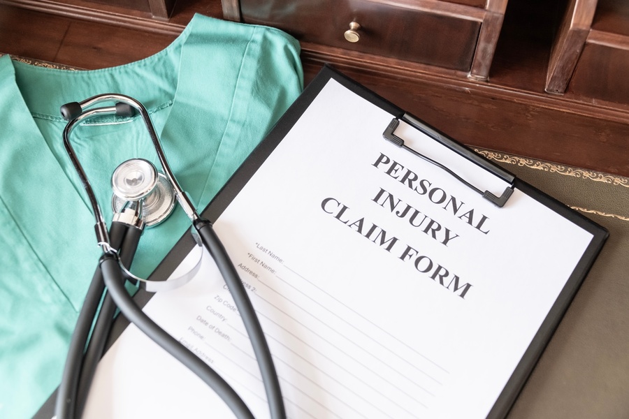 A clipboard holding a Personal Injury Claim Form rests on a desk next to a green medical garment and a stethoscope.