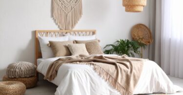 A boho-inspired bedroom with a macrame wall hanging, woven decor accents, and a beige throw blanket on the bed.