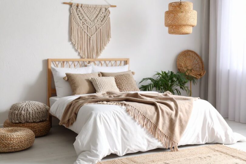 A boho-inspired bedroom with a macrame wall hanging, woven decor accents, and a beige throw blanket on the bed.