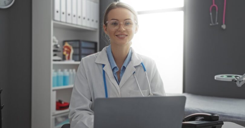 A smiling physician sits behind a laptop. Behind her sits a stock of chemical bottles and first aid items.
