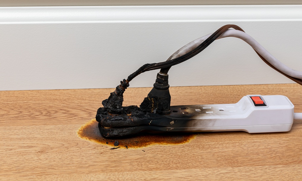 A close-up of an electrical surge protector outlet and extension cord that was on fire and burnt to a crisp.