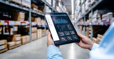 A businessman looks at a tablet in a large warehouse. The tablet has different business information on the screen.
