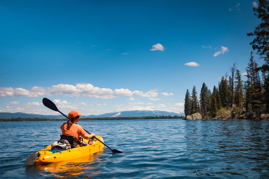 A person wearing orange clothing paddling a yellow kayak across a lake surrounded by a forest on a sunny day.