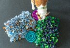 A white-and-tan dog inspecting an array of investigative toys, including two fleece snuffle mats and two bowls.