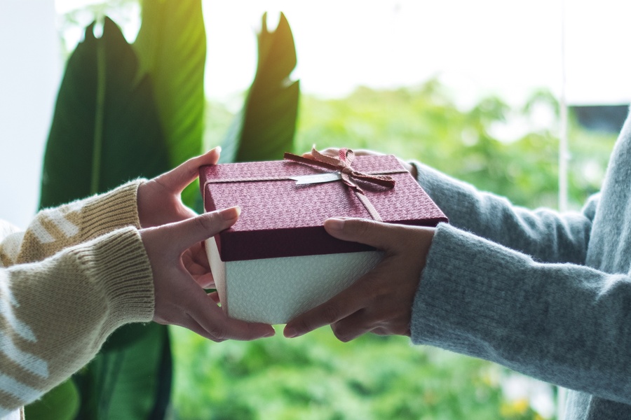 One person is handing another person a box. The box has a bow on it and there are trees in the background.