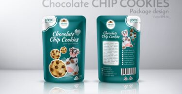 The front and back of a teal cookie package that says "chocolate chip cookies" and has a small cow and cookie graphic.