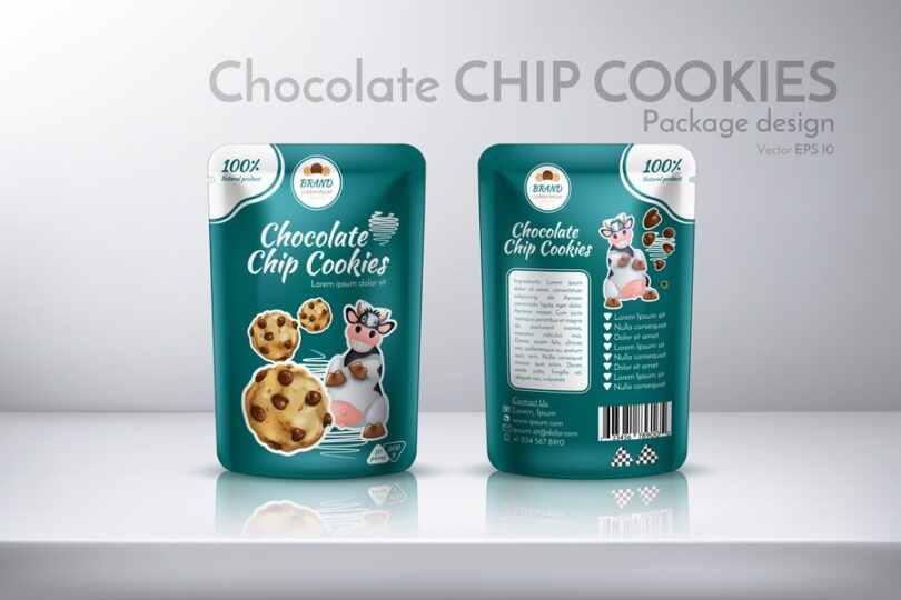 The front and back of a teal cookie package that says "chocolate chip cookies" and has a small cow and cookie graphic.