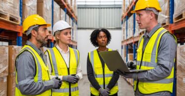A group of warehouse workers is having a meeting in an aisle of industrial shelves. One of them is holding a laptop.