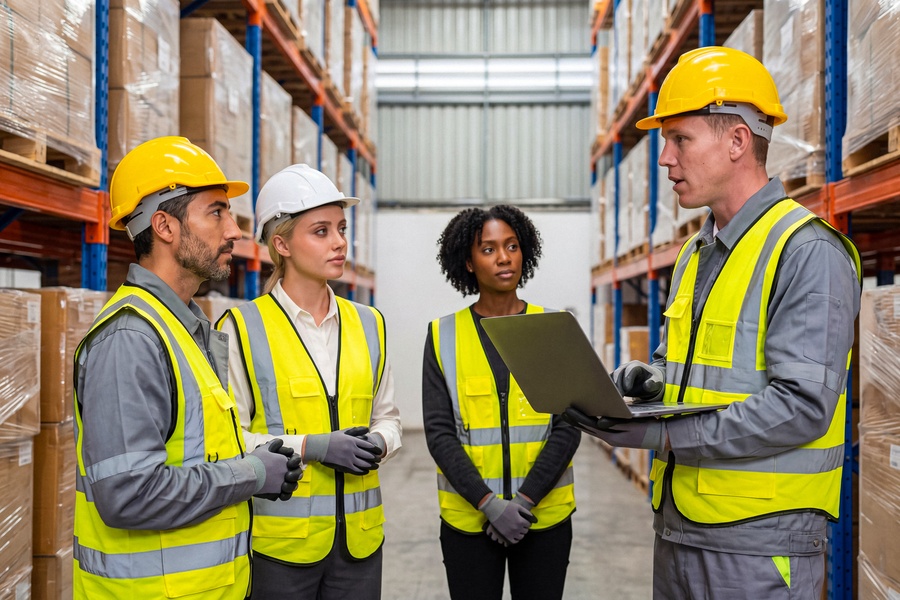A group of warehouse workers is having a meeting in an aisle of industrial shelves. One of them is holding a laptop.