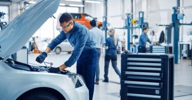 A man wears safety goggles and gloves while working on a car engine with a wrench in a brightly lit body shop.