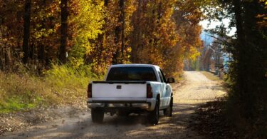 A white pickup truck driving down a dirt road during the daytime. The road is surrounded by tall trees.
