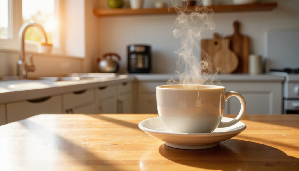 A cozy kitchen with a hot cup of coffee on the kitchen island. Steam flows from the mug and wood cutting boards are behind it.