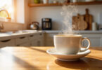 A cozy kitchen with a hot cup of coffee on the kitchen island. Steam flows from the mug and wood cutting boards are behind it.