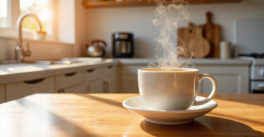 A cozy kitchen with a hot cup of coffee on the kitchen island. Steam flows from the mug and wood cutting boards are behind it.