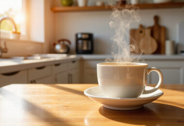 A cozy kitchen with a hot cup of coffee on the kitchen island. Steam flows from the mug and wood cutting boards are behind it.