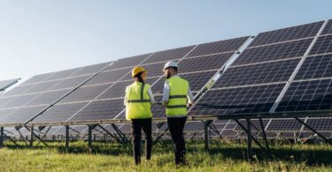 Two people wearing hard hats and yellow safety vests standing in grass beside large rows of solar panels.