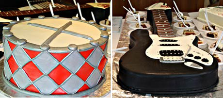 Beautifully crafted drum and guitar cakes from Hansen Cakes.